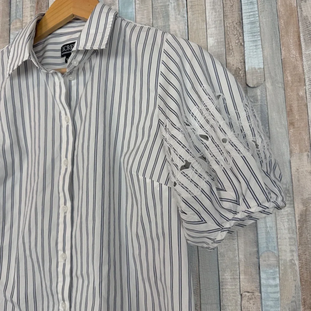 J Crew 6 Striped Cotton Poplin Eyelet Embroidered Puff Sleeve Shirt Top Button